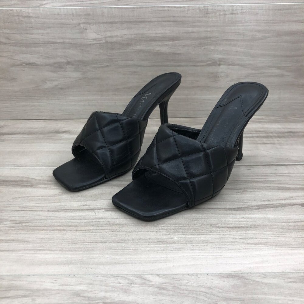 Mackin J Sandal Heels Women's 8 Black Faux Leather Slip On Square Toe Shoes